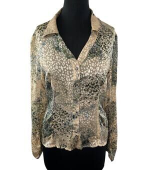 PENTA Beige Green Leopard Print Long Sleeve Button Down Blouse Top Silk Blend 10